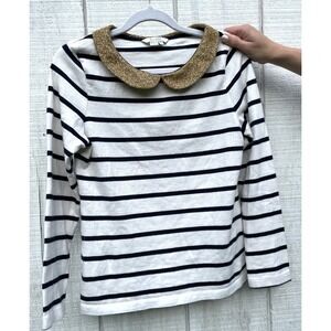 Boden White and Black Striped Blouse with Gold Collar